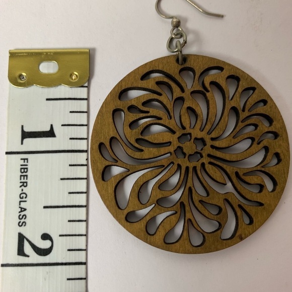 Handmade Round Wooden Intricately Carved BoHo Floral Earrings Silver Wire - Picture 3 of 7